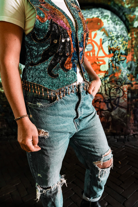 Pailletten gilet met pauwprint
