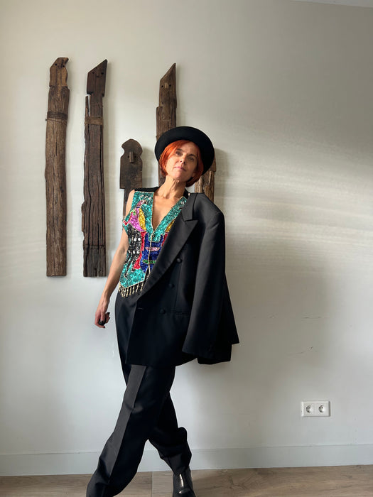 Pailletten gilet met pauwprint