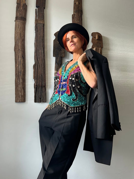 Pailletten gilet met pauwprint