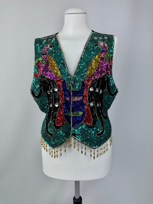 Pailletten gilet met pauwprint