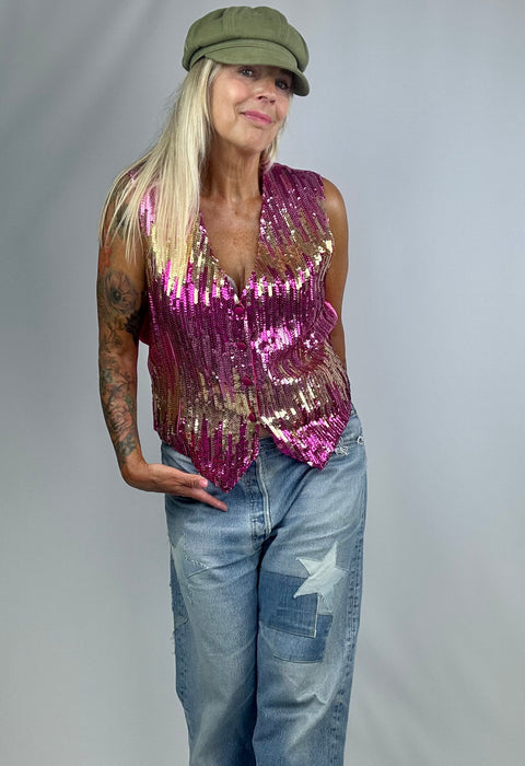 Roze / fuchsia pailetten gilet