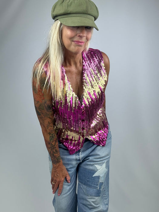 Roze / fuchsia pailetten gilet