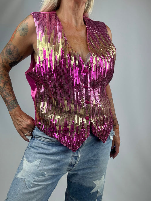 Roze / fuchsia pailetten gilet