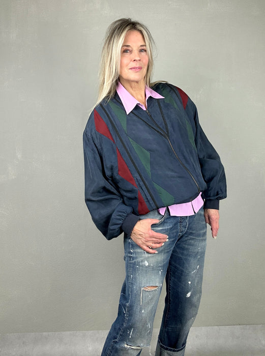 Blauw zijdeachte bomber jasje