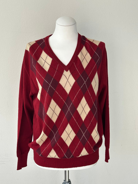 Burgundy V-hals trui met Argyle ruitpatroon