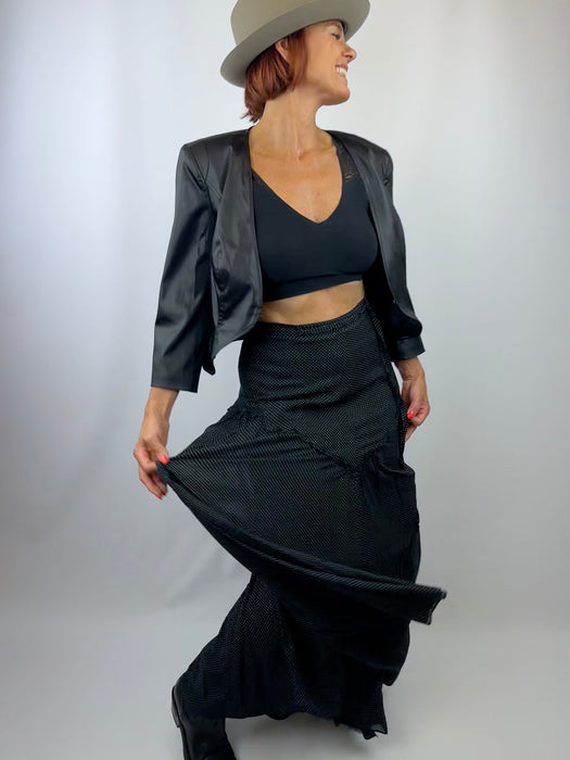 Zwarte met wit gestippelde maxi rok