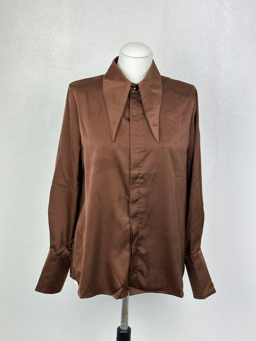 Bruine glanzende blouse met puntkraag