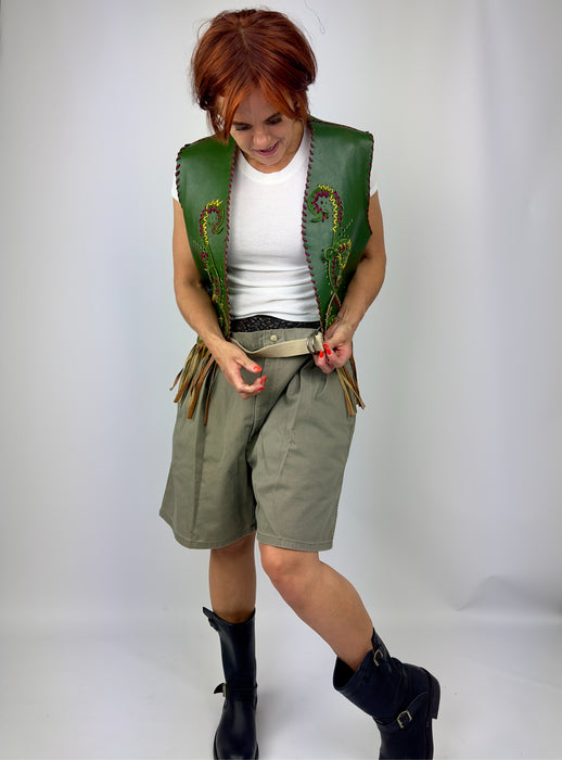 Groen lederen franje gilet