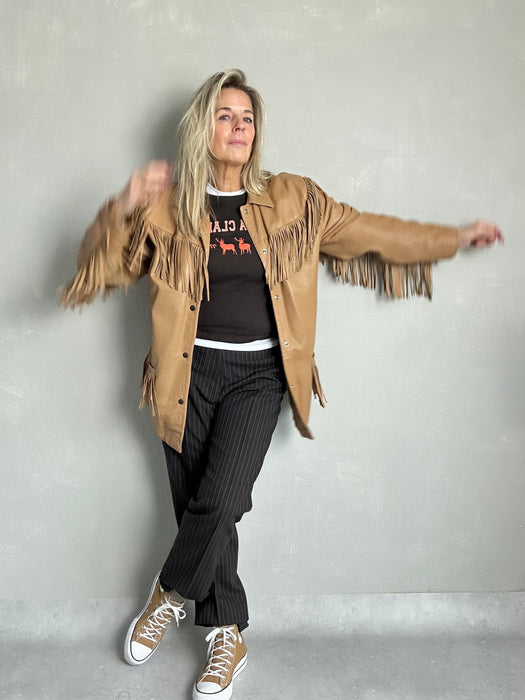 Fiorucci camelbruin lederen franje jas