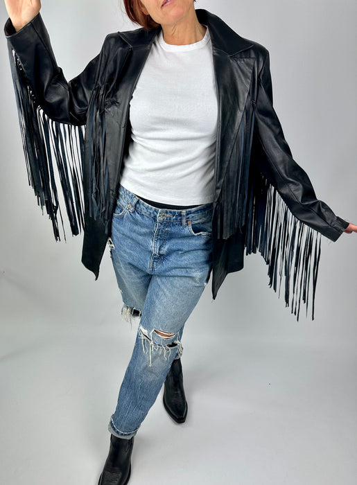 Zwart franje cowboyjas in lederlook