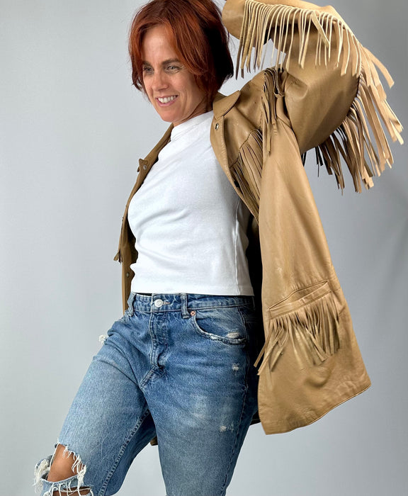 Fiorucci camelbruin lederen franje jas
