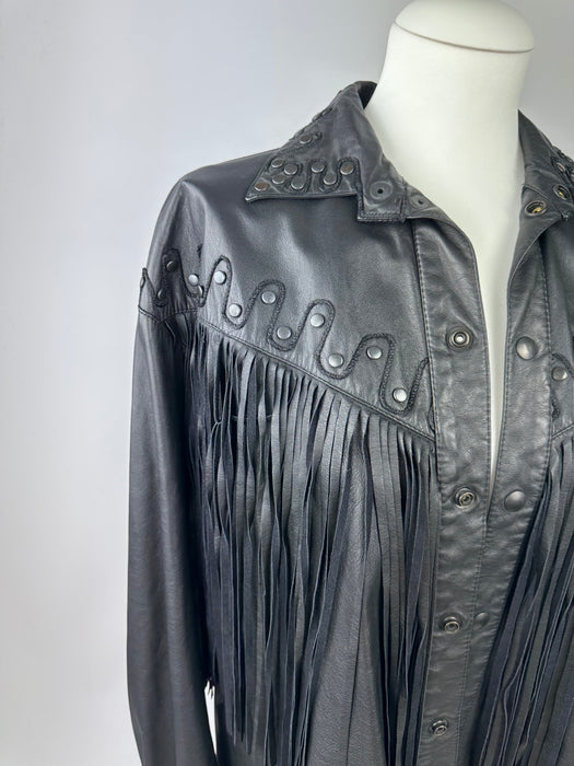 Zwart lederen franje blouse-jas